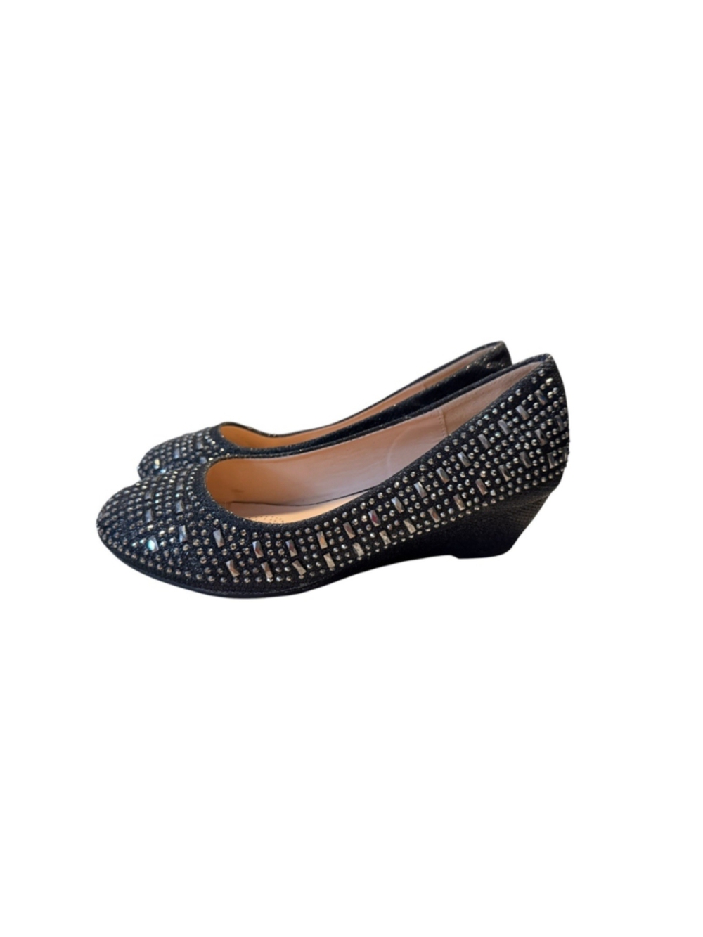 Link Girls Black Rhinestone Wedge Dress Flats Size 2 Sparkle Formal Shoes